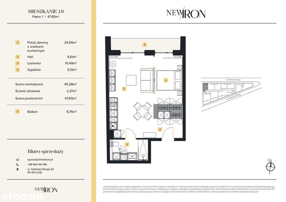 2- pokojowe mieszkanie 47m2 + balkon bezpośrednio