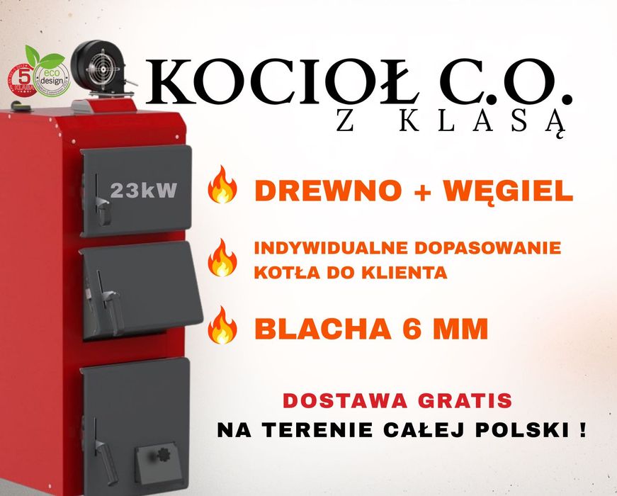 KOCIOŁ PIEC 23 kW drewno + węgiel, 4 kanały, DUŻY ZASYP, DOSTAWA 48H