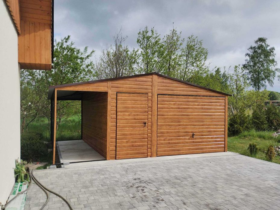 garaże blaszane drewnopodobne, profil zamknięty, garaż 6x5,8