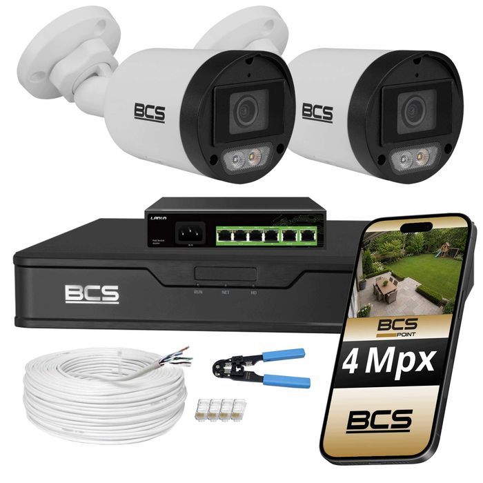 BCS zestaw monitoringu IP 2 kamery 4 Mpx PoE AI NightColor rejestrator