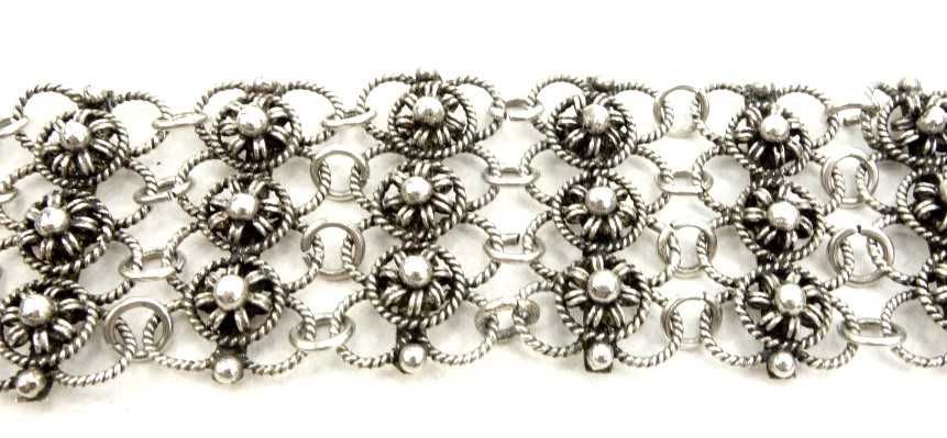 Filigranowa szeroka srebrna bransoletka kółka