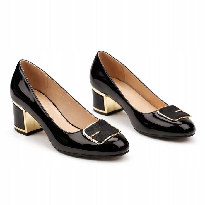 Stylowe Czółenka Damskie Lakierowane Czarne Słupek 6 cm Klasyczne