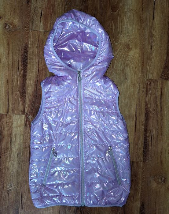 r. 146  Bezrękawnik dziewczęcy kamizelka z kapturem holograficzny róż