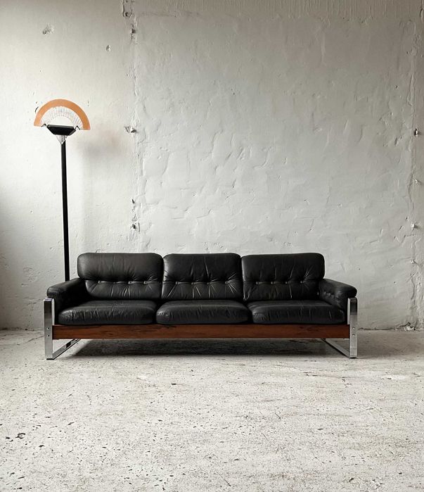 Sofa mid century skóra palisander chrom lata 60 70 vintage design