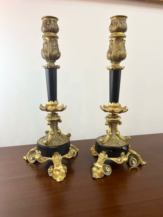 Par de castiçais em bronze e mármore, sec.XIX