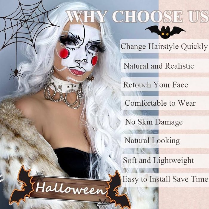 PORSMEER Biała peruka, długie falowane włosy, długość 75cm