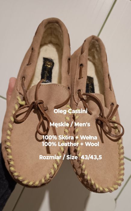 Oleg Cassini Męskie mokasyny skórzane z wełną, 100% Skóra, Roz 43/43,5