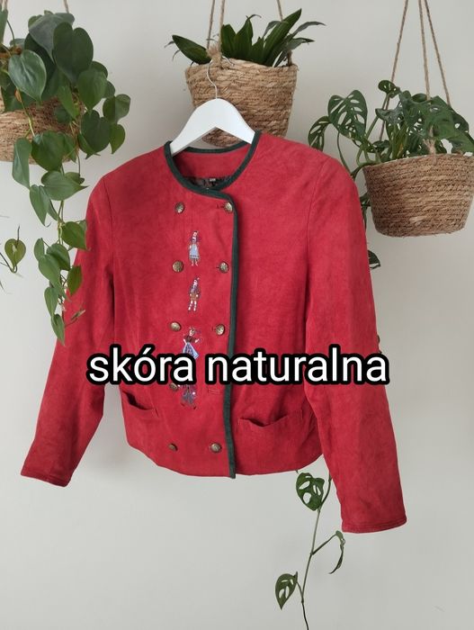 Kurtka skórzana, zamszowa, czerwona, z haftami, złote guziki r.38 vint