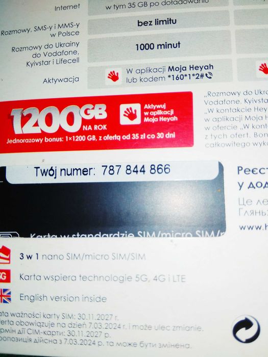 787 _ 844 _ 866 Złoty prosty numer nowy starter Heyah na kartę