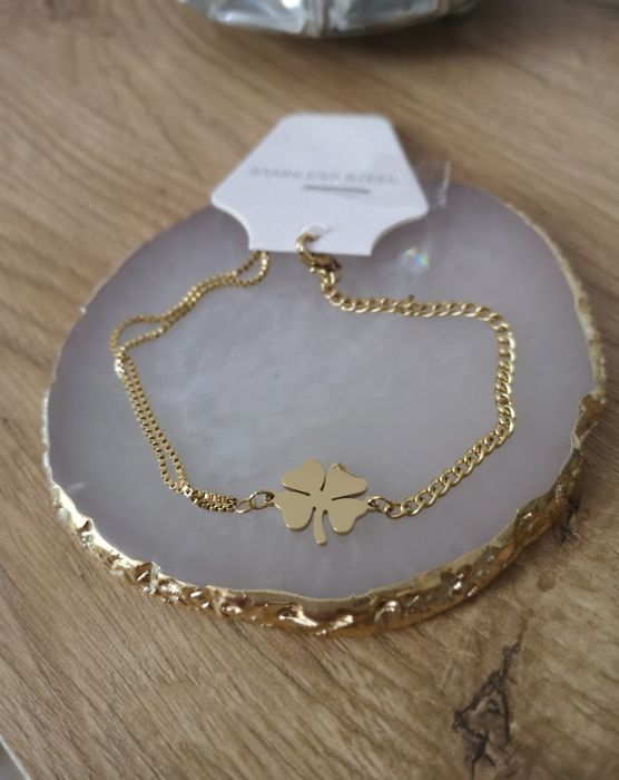 Nowa bransoletka złota podwójna celebrytka z czterolistna koniczyna