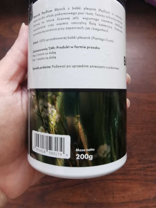 Suplement błonnik, łuski babki płesznik, Supline proszek 200 g dla psa i kota, otwarte