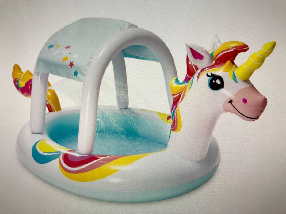 Basen dmuchany z daszkiem zraszaczem Intex 254x132 jednorożec fontanna