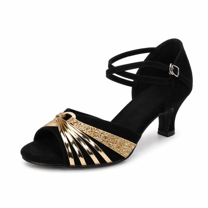 Buty taneczne damskie czarno złote welur EU38 obcas 5,5 cm