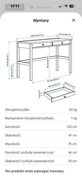 Biurko IKEA HEMNES 120x47 cm białe – 2 szuflady, lite drewno