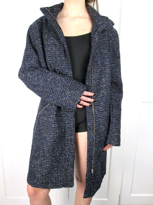 Granatowy wełniany tweedowy płaszcz kurtka 12% wełna 20 3XL 4XL