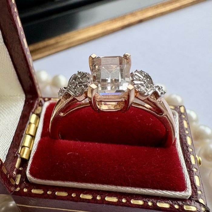 Retro Złoty pierścionek 9k diamenty 0,15 ct brylanty topaz duży R17