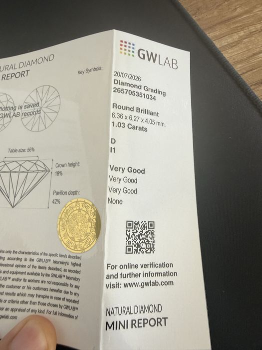 Diamante natural certificado 1,03 ct – Cor D – Round Brilliant