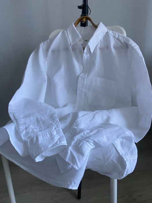 Zara білосніжна лляна сорочка белая льняная