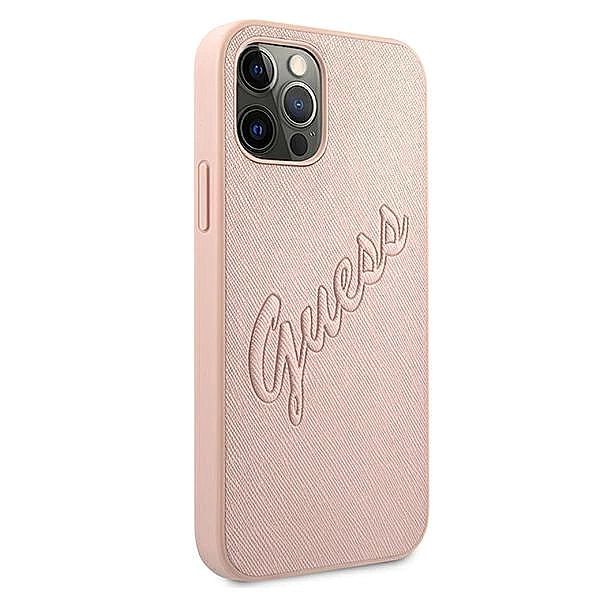 Etui Guess Saffiano Vintage Script na iPhone 12 Pro Max - różowe