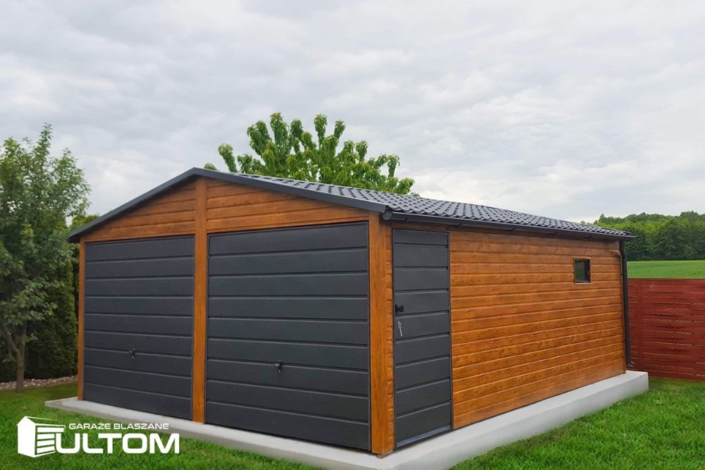 Garaż blaszany drewnopodobny profil zamknięty 6x5 grafit
