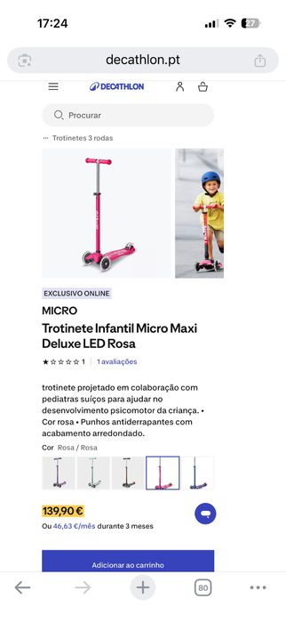 Trotinete com caixa Micro, rosa,  menina, modelo maxi, com caixa, sem luzes