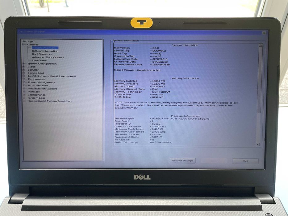 Dell Vostro 15" 3568 i5_7200U 2.50GHz 16GB DDR4 SSD 256GB Win10 Pro