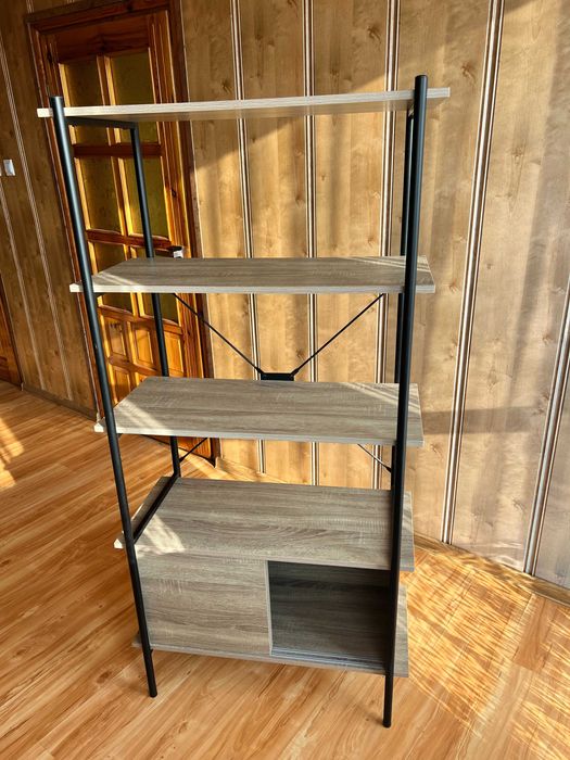 półka regał loftowy dąb metalowy czarny wysoki 4 półki drzwi przesuwne