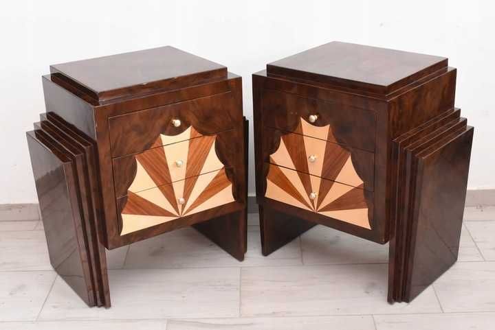 Geometryczne Stoliki Nocne Art Deco - Szafki Nakastliki Drewno