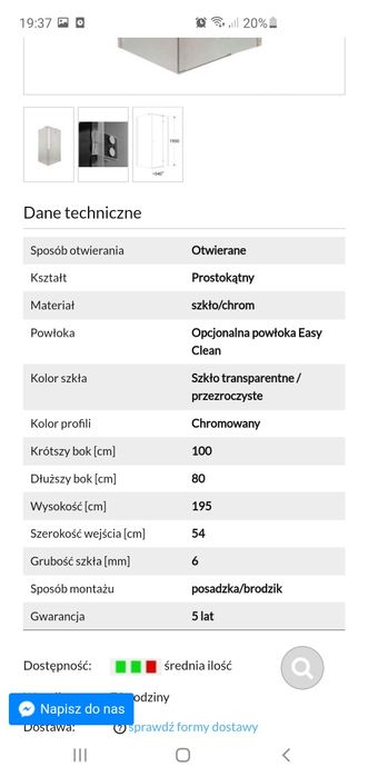 Szyba, szklane drzwi do kabiny prysznicowej Fresh Line 80x100x195