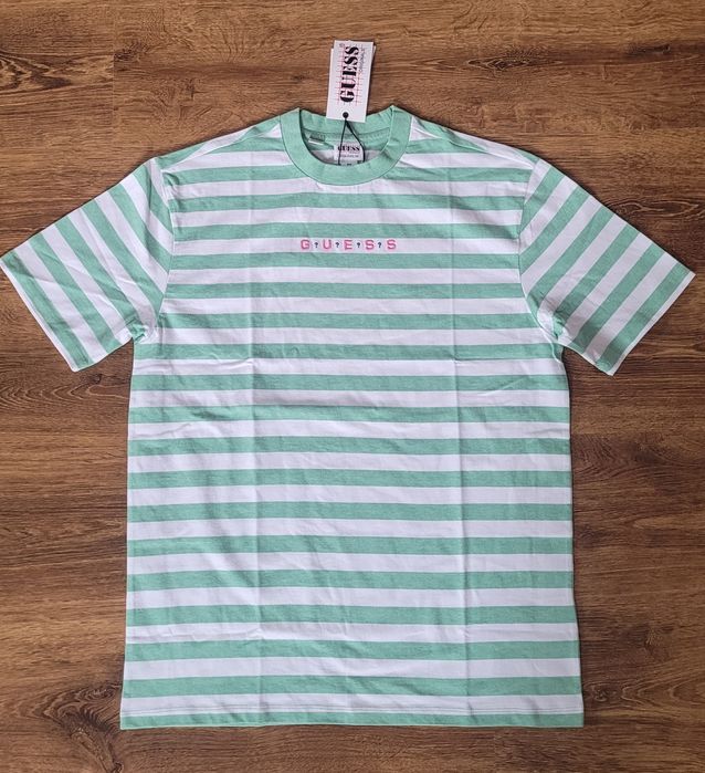T-shirt męski bawełniany w paski haft logo Guess S/M