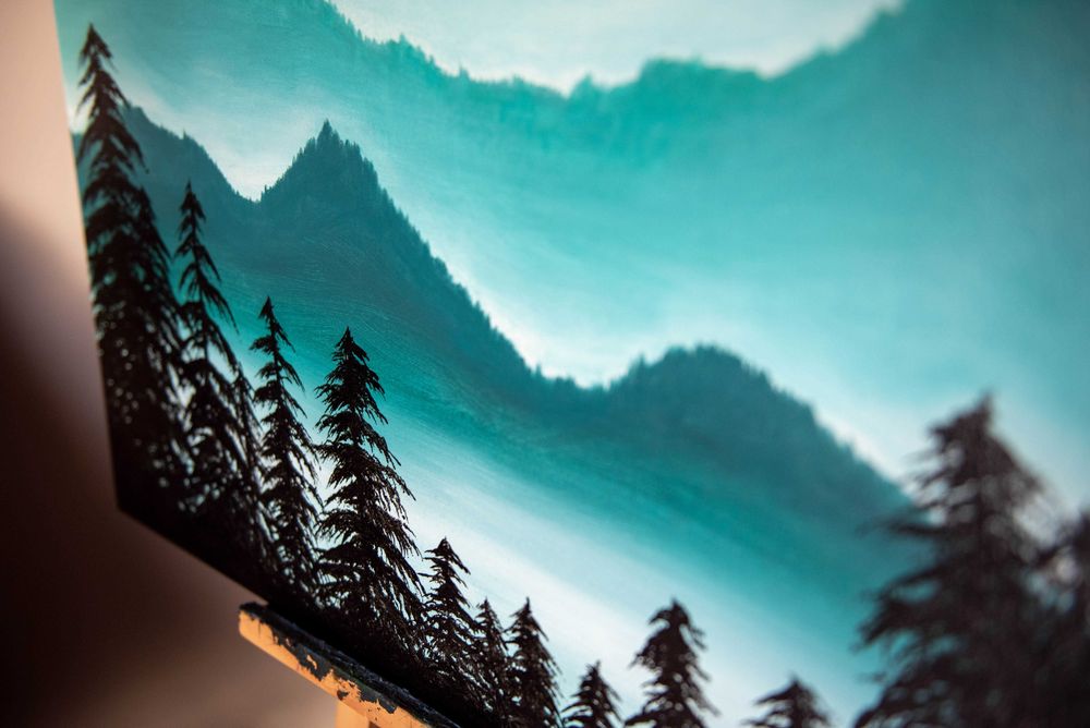 Obraz ręcznie malowany duży. akryl. 100x80 las mgła góry malarstwo