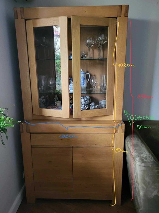 Meble dębowe (prawdziwe drewno), kredens i biblioteczka