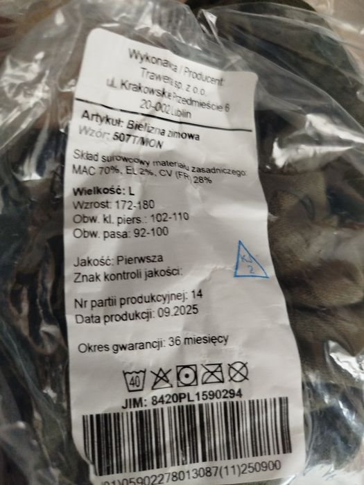 Bielizna zimowa rozmiar L