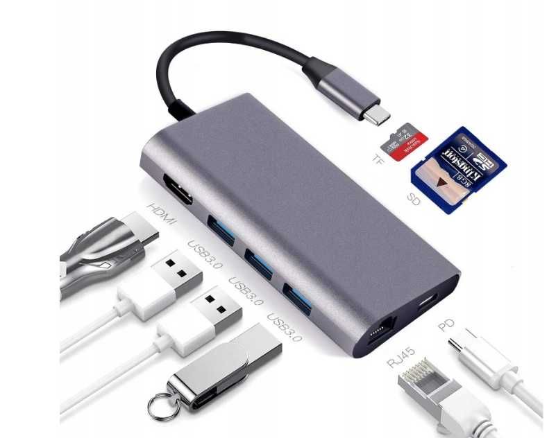 Hub USB3.1 8w1 TypeC to HDMI+3xUSB3.0+Gigabit LAN+USB Charging ttst752