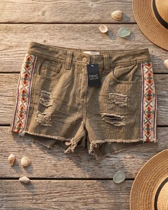 Next Nowe Etniczne Szorty Jeansowe 100% bawełna, Na Festiwal, haft, boho, etno, przetarcia