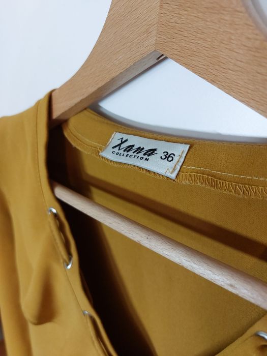 Musztardowa bluzka 36/S żółta bluzka koszula z falbanką 34 top t-shirt