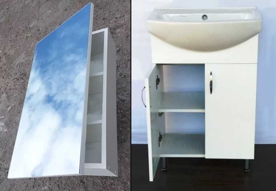 Комплект мебели в ванну: тумба с умывальником  и зеркальный шкаф.