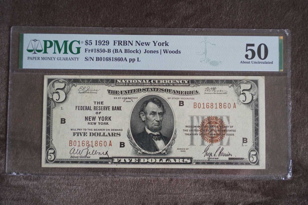 5 dolarów USA 1929 NEW YORK Grading PMG Nota 50 AU Piękny