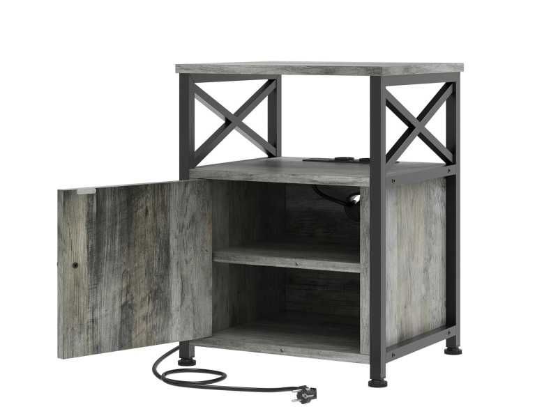 Stolik nocny z szafką, portami USB i gniazdami, szary