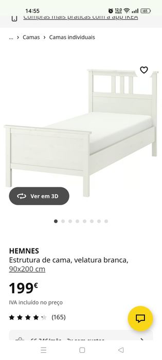 Cama solteiro IKEA HEMNES Estrutura de cama, velatura branca, 90x200cm