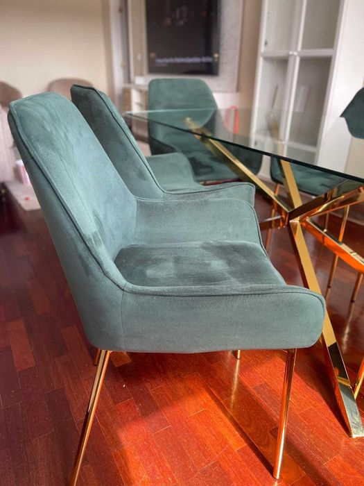 Mesa de jantar CORA Dourado 160 cm 90 cm Vidro de segurança (temperado) + conjunto de 6 cadeiras