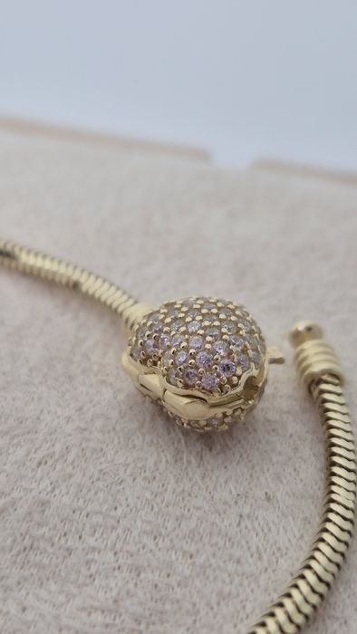 Nowa złota bransoletka typu Pandora białe cyrkonie serce 20,5 cm p 585