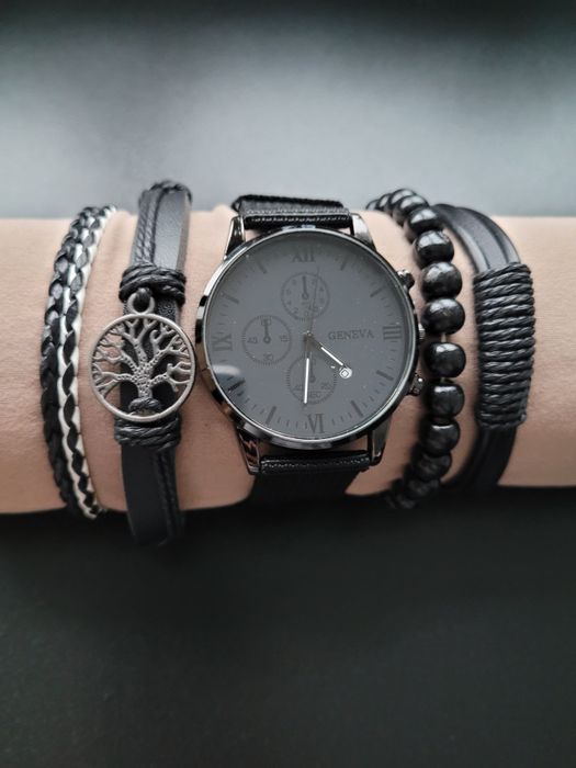 Zegarek męski z bransoletami rzemykowymi czarny komplet nowy