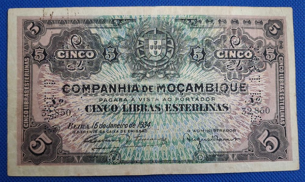 Portugal / Moçambique - 5 libras esterlinas 1934 (Ver as fotos)