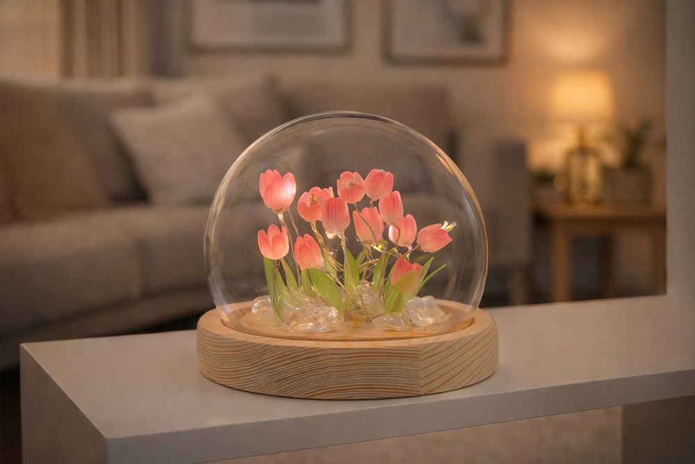 Нічник-колба своїми руками на дерев'яній підставці "Тюльпани в колбі"