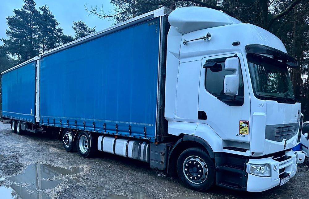 Renault PREMIUM 460DXI 6x2 JUMBO AUTOMAT OŚ PODNOSZONA KLIMA SPOJLERY 2xALUTANK OPONY:80% FIRANKA DŁ:7.40m + PRZYCZEPA TANDEM PANAV OSIE SAF FIRANKA DŁ:8.20m LODÓWKA XENONY EURO 5 EEV 2012r ZESTAW PRZESTRZENNY PRZEJAZDOWY NOWE TACHO!!!  6x2 Jumbo Oś Podno