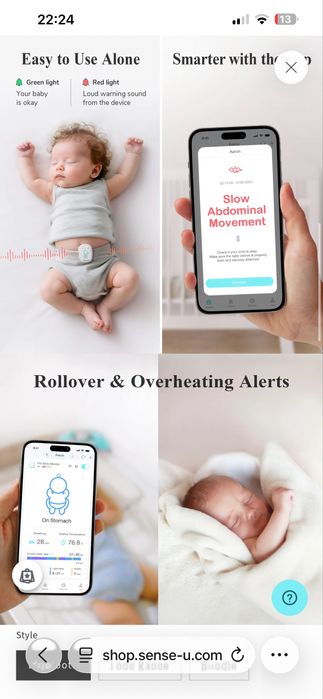 Monitor de bebé / SENSE-U / Sensor respiracao, freq card, posicao