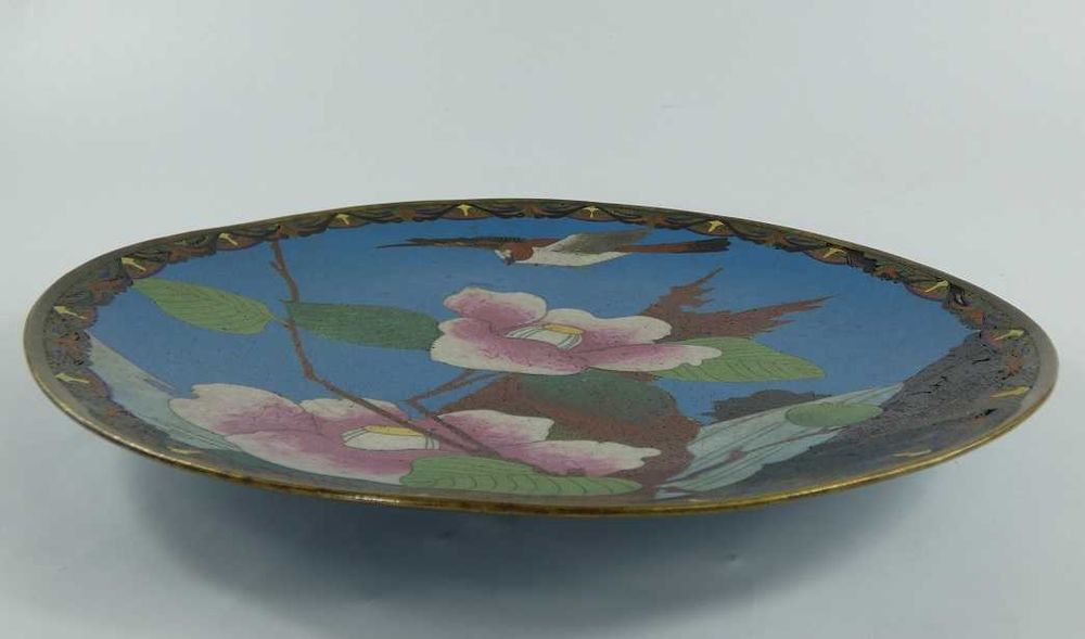 PATERA talerz emalia CLOISONNE ptak kwiat kamelia magnolia 30,5 cm