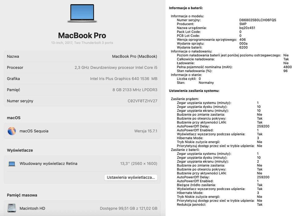 Laptop MacBook Pro 13 2017 A1708/13.3/i5/8/SSD128/macOS Sequoia 15.7.1