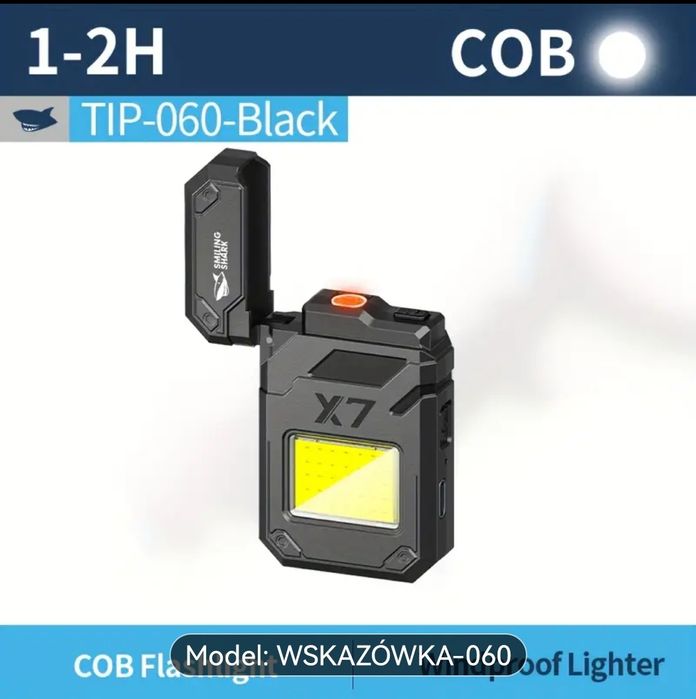Zapalniczka przenośna żarowa, ładowana na USB +kabel, latarka COB
